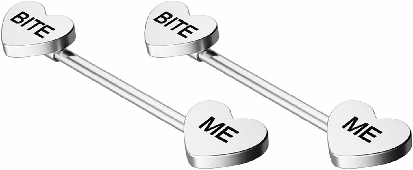 14G Stainless Steel Nipple Rings Bite Me Heart-shaped Letter Straight Barbell Bars Tongue Ring 16mm(5/8 Inch) Body Piercing Jewelry