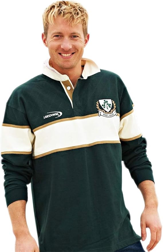 Lansdowne Men's Green Striped Rugby Shirt with Cream Stripe and Ireland Shamrock Crest