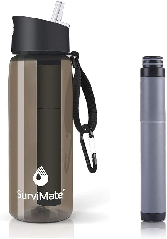SurviMate Black Filtered Water Bottle and Replacement Filter