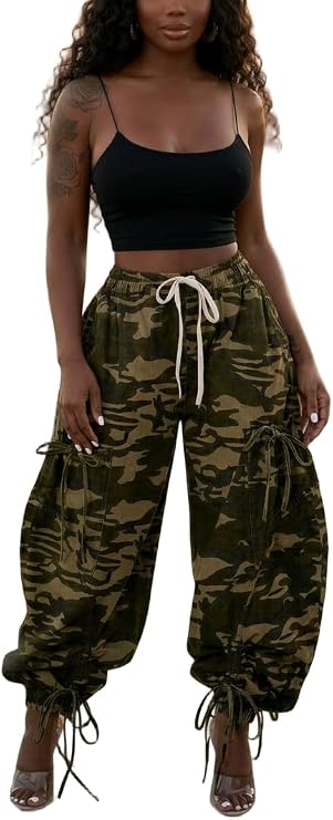 Women's Camo Cargo High Waist Pants Camouflage Military Elastic Jeans