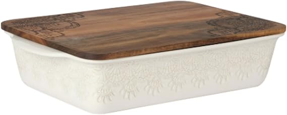 Pioneer Woman Vintage Lace 9x13 Ceramic Baking Dish with Wood Lid Durable Stoneware Casserole Pan with Handles Linen