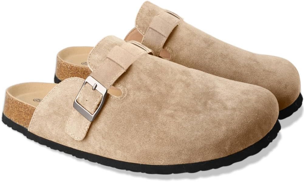 Clogs for Women Suede Soft Leather Clogs Classic Cork Slip on Shoes Antislip Slippers Waterproof Mules House Sandals Buckle