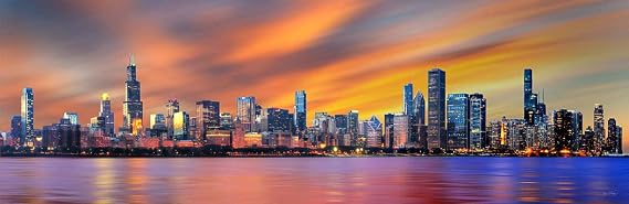 Chicago Skyline 2022 DUSK UNFRAMED Photo Poster Print Color Downtown 11.75 inches x 36 inches Archival Photographic Panorama Picture