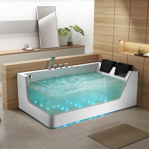 71'' Whirlpool Bathtub, 2 Person Back to Wall Jetted Bathtub with 16 Jets, Acrylic Air Bubble Massage Tub with LED Lights, Integrated Faucet, Hand Shower, Dual Headrests, White