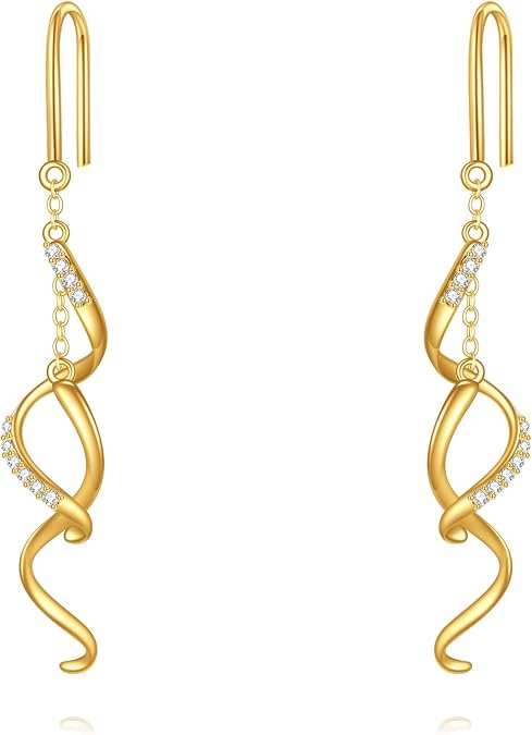 KECHO 14k Gold Threader Earrings Pull Through earrings Long Chain Dangling Earring for Women