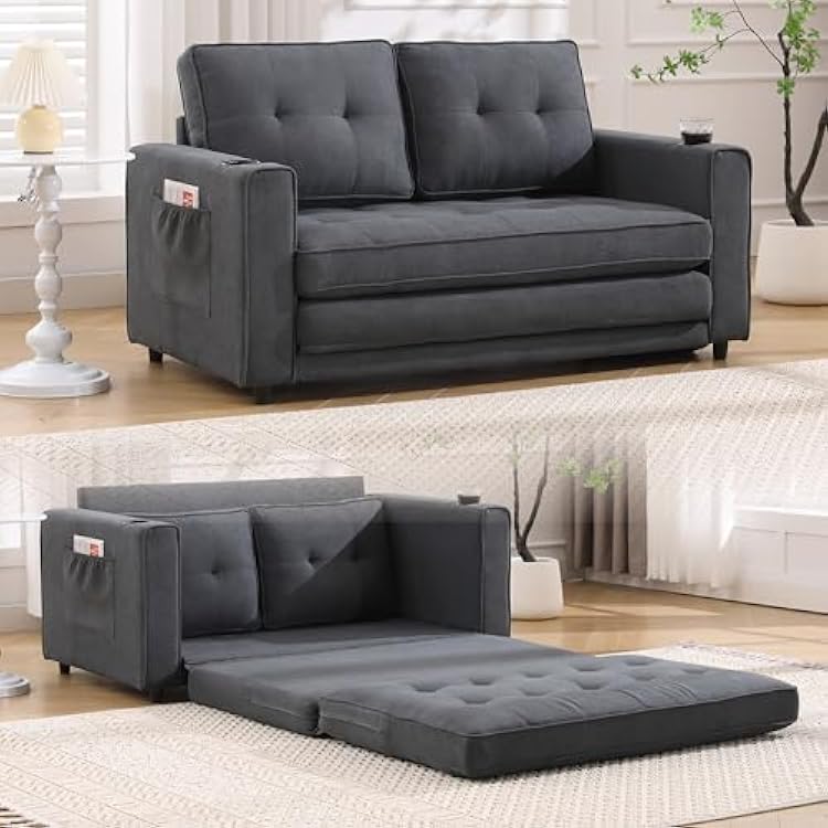 Futon 3 in 1 Convertible Loveseat Sleeper with Pull Out Bed, Foldable Tufted Sofa Bed Couch WCup Holder and Side Pockets, for Living Room, Bedroom, Office, Dark Gray
