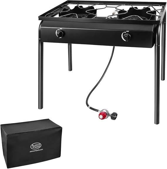 Alpine Cuisine High Pressure 2 Burner Propane Gas Stove, Heavy Duty Cast Iron Outdoor Cooker with Auto Spark Ignition, Detachable Legs & Cover Portable Camping, Tailgating & Backyard Cooking Stove