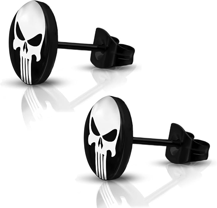 Stainless Steel Punisher Skull Round Circle Button Stud Post Earrings