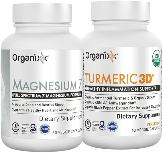 Organixx Magnesium 7 & Turmeric 3D Bundle, 7 Type Chelated Magnesium Complex plus Organic Turmeric Curcumin with Ginger & Ashwagandha, Supports Sleep, Joint & Immune Health, Vegan, Non-GMO, 60 Caps Ea