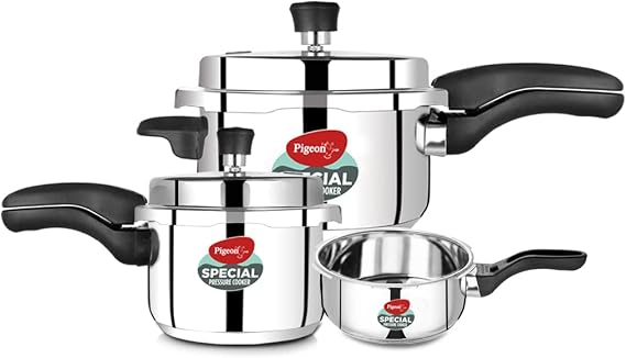 Pigeon Pressure Cooker Set 2 + 3 + 5 Quart - Stainless Steel - Induction Base Outer Lid - Cook delicious food in less time: soups, rice, legumes, and more - 3 Piece Set Silver