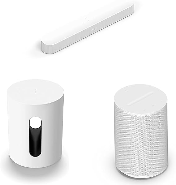 Sonos Sound Bar for TV Beam Beam + Sub Mini Subwoofer + Era 100 Wireless Speaker White Set