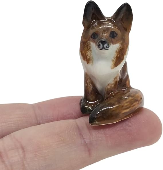 WitnyStore Tiny 112" Brown Sitting Fox Figurine - Miniature Hand Made Ceramic Foxes Wolf Jackal Wild Dog Canine Wildlife Animals Cute Porcelain Decorative Figure Collectible Figurines Home Decor Gifts