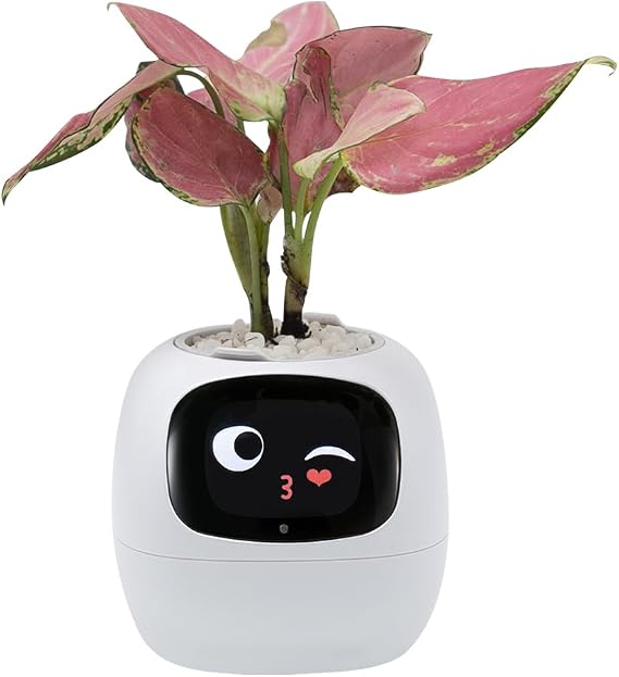 Smart Plant Pot with Expression, AI Smart Planter Robot for Indoor Decoration, Includes Water/Light/Temperature Sensor, White
