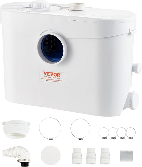 VEVOR 700W Macerator Pump, 9600 L/h Flow, 32.8 ft/10 m Head, Macerator Sewerage Sump Pump with 3 Water Inlets for Toilet, Basement, Kitchen, Sink, Shower, Bathtub Waste Water Disposal Upflush Machine
