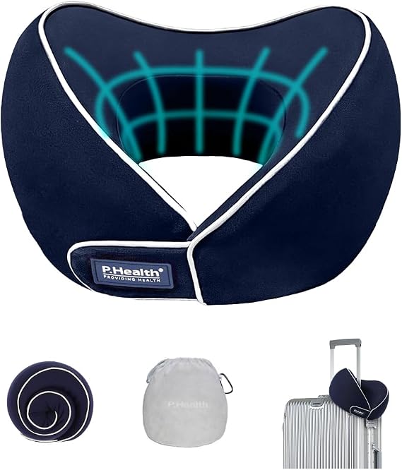 Travel Neck Pillow for Airplanes, Neck Support Pillow for Sleeping & Pain Relief, Stuffable Cervical Pillow, Portable Travel Essentials for Plane, Car & Office(Dark Blue)