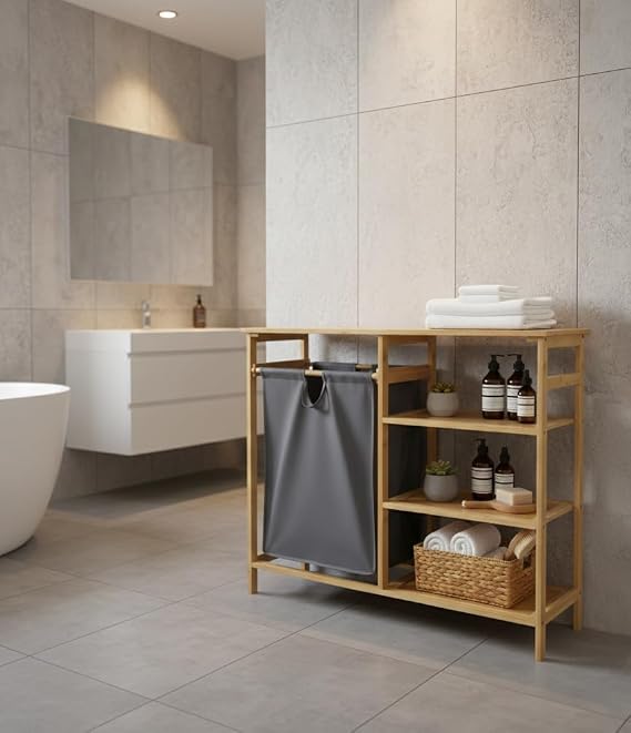 %100 Doğal Bambu 3 Raflı Yan Üniteli Kirli Çamaşır Sepeti ve Banyo Dolabı
