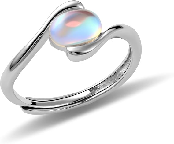 Sterling Silver Adjustable Moonstone Rings for Women - Hypoallergenic Opal Mood Ring Jewellery, Anxiety Relief Romantic Gift for Her