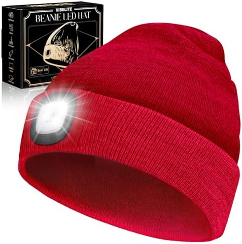 VIBELITE LED Beanie Hat with Light, USB Rechargeable LED Headlamp for Hiking, Camping, Gifts for Men, Dad, Teen Boys, Husband, Women, Boyfriend, Birthday Gifts for Women, Red