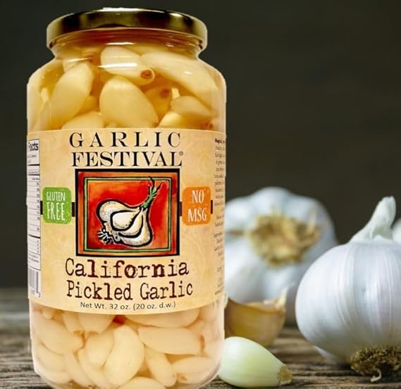 Garlic Festival Foods California Pickled Garlic Cloves in a Jar - Plain Pickled Garlic - Fresh Garlic Cloves for Cooking - Freshly Made - Pre-Prepared Garlic - Net Wt. 32 oz.