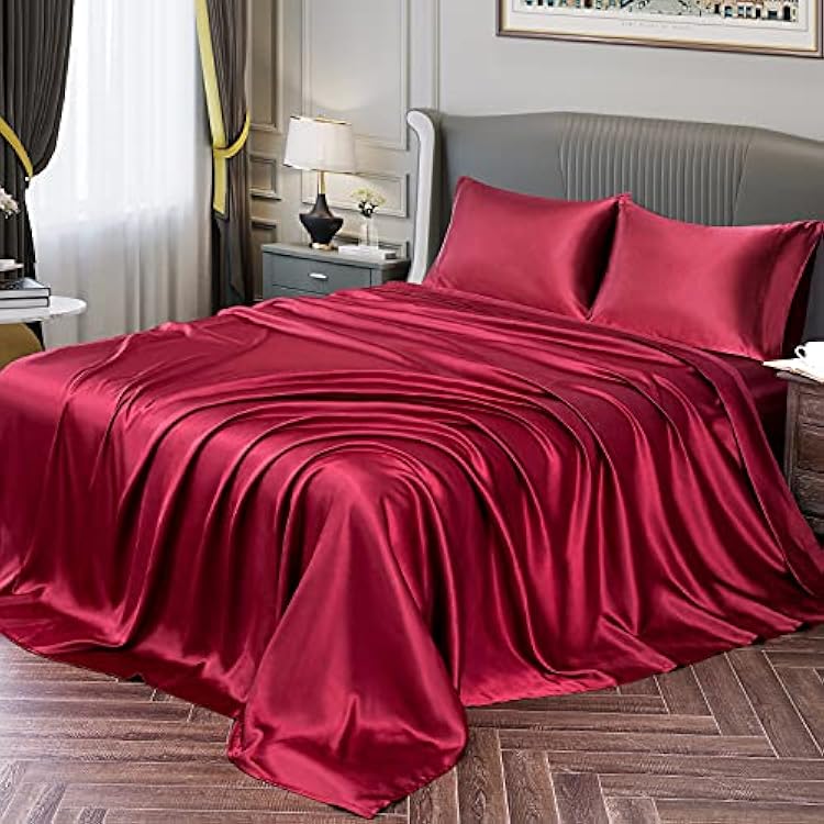 Vonty Satin Sheets Twin Silky Soft Satin Bed Sheets Burgundy Sheet Set, 1 Deep Pocket Fitted Sheet  1 Flat Sheet  1 Pillowcases