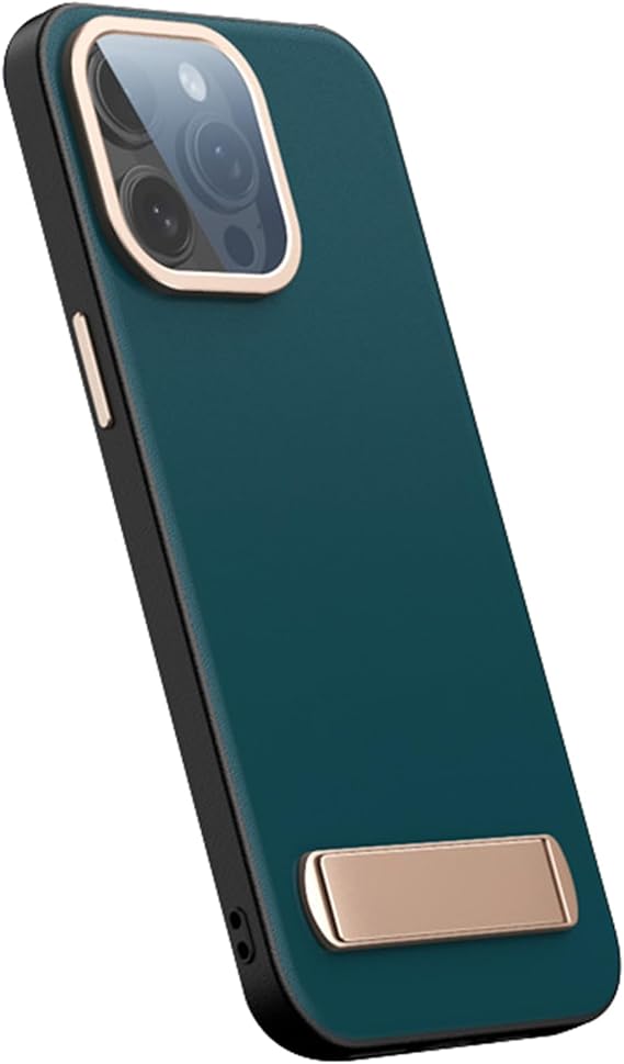 Genuine Leather Cover for iPhone 16/ 16Pro/ 16 Pro Max, Foldable Stand Slim Case Fiber Lining Lens Glass Protection Phone Case,16 Pro,Green