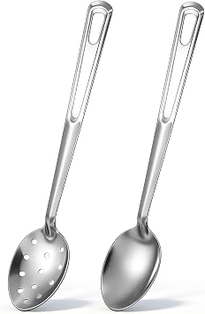 2 Pieces Silver Stainless Steel 15" Long Handle Basting Spoon Steel Solid and Slotted Spoon Set for Kitchen Serving Cooking Basting Accessories