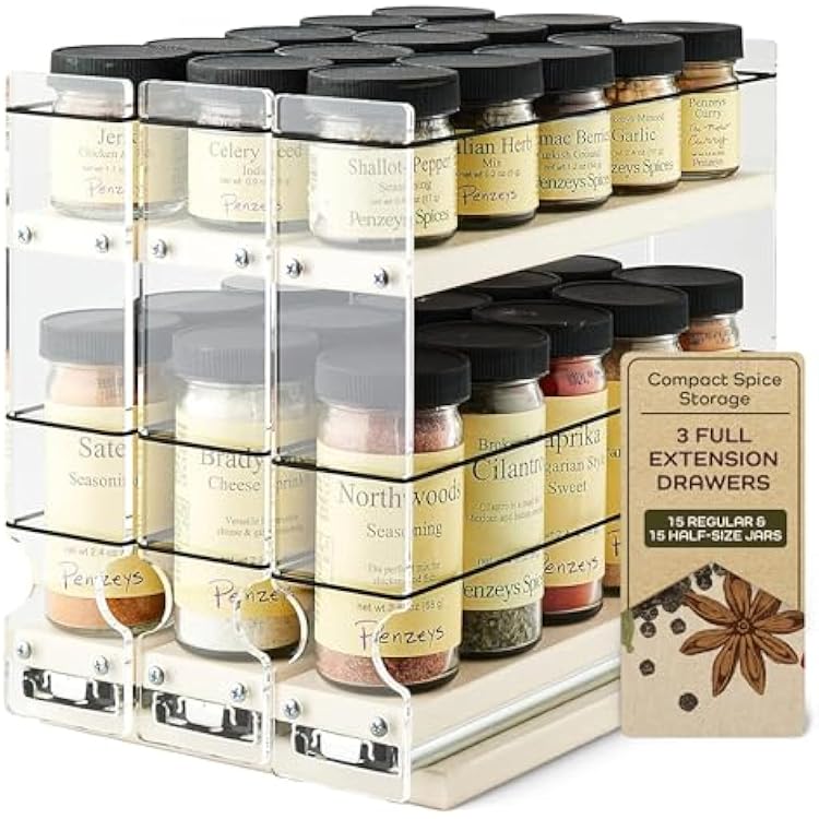 Vertical Spice Cabinet Mounted Spice Rack Drawer - Pull Out Cabinet Organizer - Cupboard Organizers & Storage - Pantry Shelf -45 Half Sized Jars, 3 Drawers, 2 Tiers 6.9 W x 9.25 H x 10.6 D, Cream