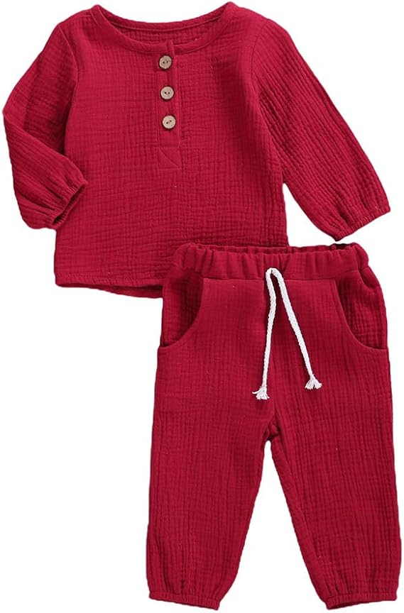 Karuedoo Toddler Baby Boy Girl Cotton Linen Pants Set Solid Long Sleeve T Shirt Top Drawstring Elastic Waist Pants Outfit