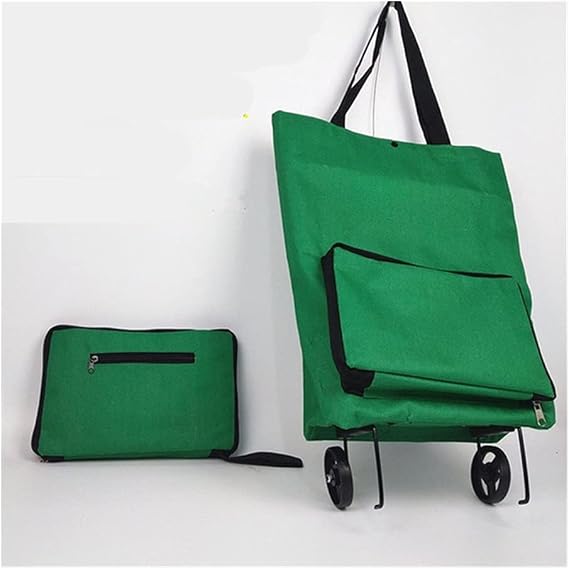 Folding Shopping Bag on Wheels Versatile Trolley for Groceries & Vegetables Compact Organizer with Small Green Flower Design(Big Dark Green)