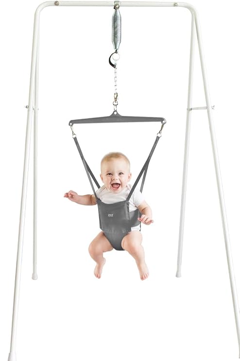 Jolly Jumper Classic (Grey) with Stand - Original Baby Jumper, Indoor and Outdoor Exercise Saddle Seat, Adjustable Height, for Infants up to 28lbs