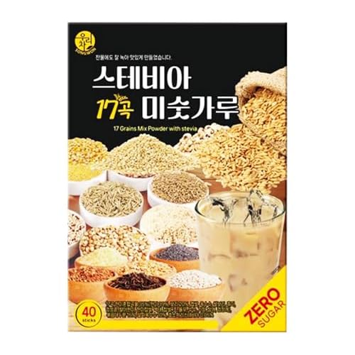 SONGWON Stevia 17-Grain Misugaru Powder Tea Sticks Korean Traditional Grain Tea with Brown Rice Blend Mildly Sweet and Nutty Flavor_40 Sticks, 20g Each 28.2 oz