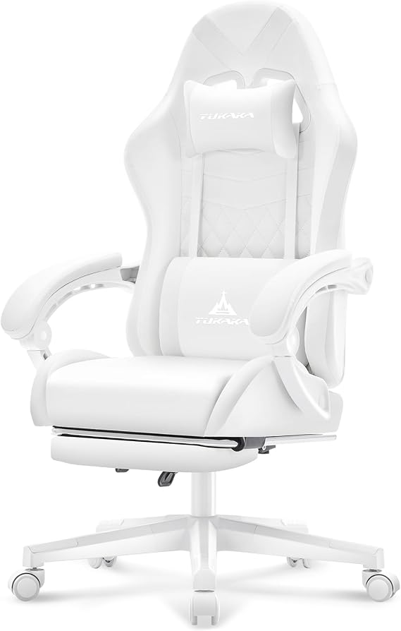 White Gaming Chair,Ergonomic Massage Office Desk Chair with Footrest