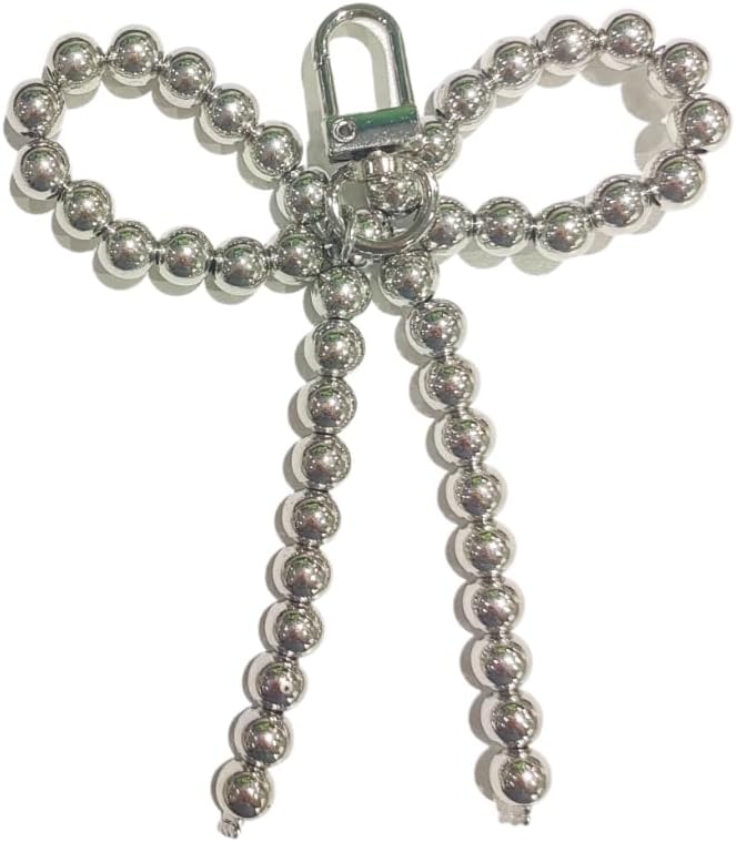 Silver Heart Pearl Bow Keychain Y2k Bowknot Keyring Sweet Bag Car Keys Charms Accessories for Women Girls