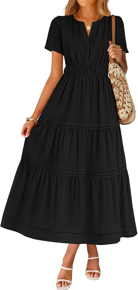 ZESICA Women's Summer Casual Short Sleeve Midi Dresses 2026 V Neck Elastic Waist Tiered Flowy Boho Dress with Pocket