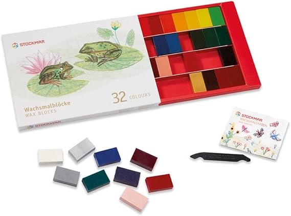 STOCKMAR Beeswax Block Crayons, Set of 32 Assorted Colors with a Scraper in Sturdy Box Break-Resistant Wax Blocks with Natural Beeswax, Smooth Application Professional Art Supplies for Artists
