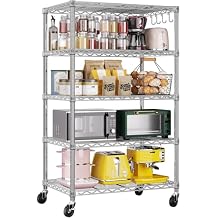 PrimeZone 75" H Wire Shelving 5 Tier Slim Steel Storage Metal Shelves with Wheels,Adjustable Kitchen Utility Shelving Unit,Pantry Rack Rolling Metal Shelf Chrome 24" Wx18 Dx75 H