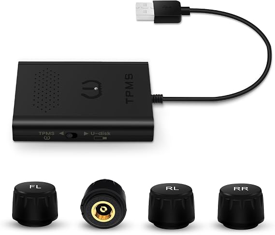 dasaita USB Tire Pressure Monitoring System, with 4 External Sensors for Android Head Unit, Car Tire Diagnostic Tool Support Bar and PSI Suit, APP Real-time Tire Pressure Monitor System (0-116 PSI) | Compatible with Android Head Unit, Car Tire Diagnostic Tool, Bar & PSI Unit, App Real-Time Monitor (0-116 PSI)