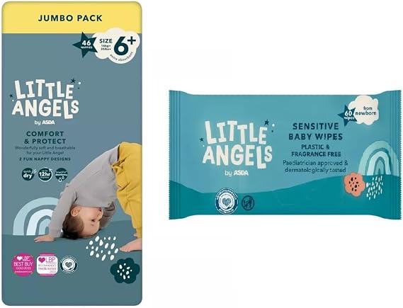 Little Angels Size 6+ Nappies Jumbo 46 Pack + 60 Fragrance Free Baby Wipes
