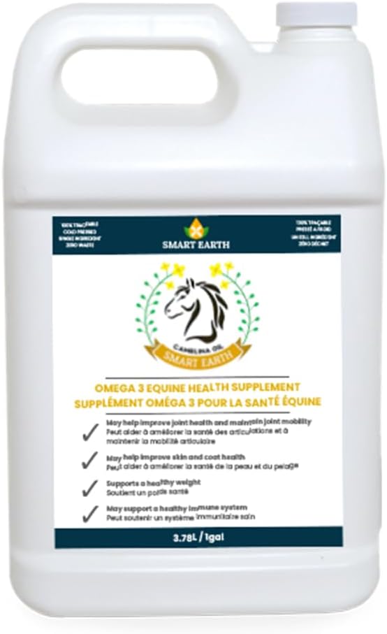100% Pure Camelina Oil for Horses Omega 3 & Vitamin E Rich Supplement for Coat, Hooves, Arthritis, Joints, Weight Gain & Ulcers False Flaxseed Oil Made in Canada by Smart Earth, 1gal.