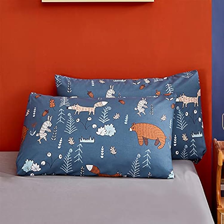 KAREVER Blue Bear Pillowcases Kids Cartoon Pillow Shams Navy Blue Animal Forest Woodland Printed Envelope Pillow Cover Pack of 2 for Boys Girls, Standard TwinQueen 20X26