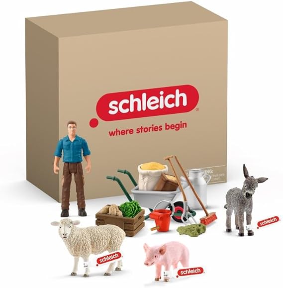 Schleich Farm World - 19PC Animal Feeding Playset with Piglet, Sheep, Donkey Figurines - Farmer Action Figure with Wheelbarrow and Tools - Durable Barnyard Toys for Imaginative Play - Kids 3+ | 72287
