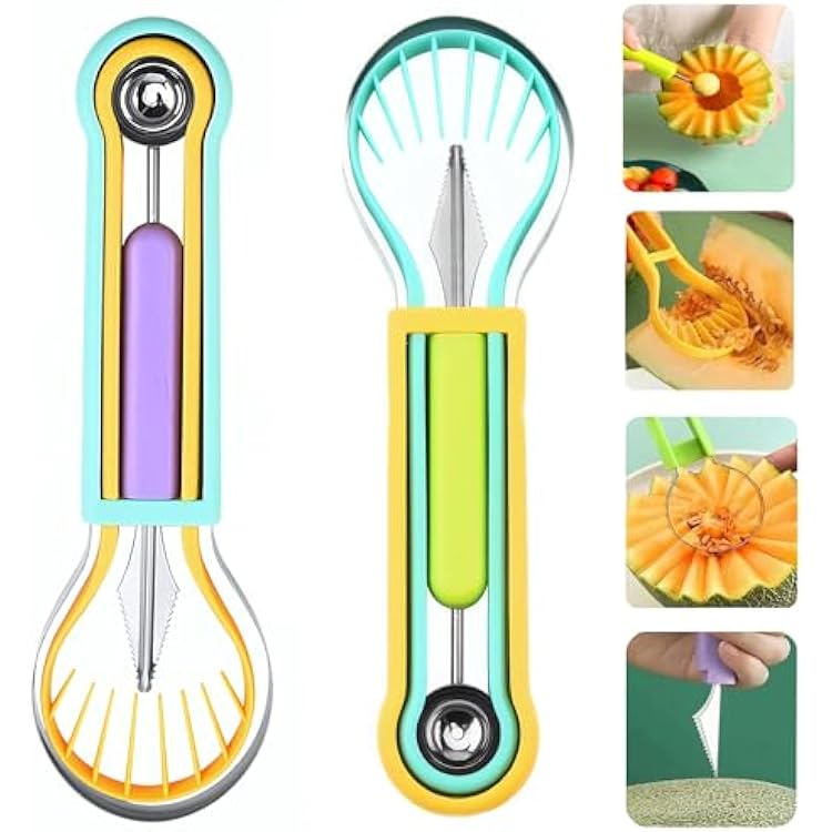2 PCS Melon Baller Scoop Set, 4 in 1 Stainless Steel Stainless Steel Fruit Tool Set, Fruit Carving Tools for Dig Pulp Separator, Watermelon Cutter Slicer Fruit Scooper Green  Purple