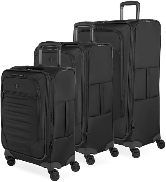 SwissGear Opulence Softside Expandable Luggage Black 3-Piece Suitcase Set with Spinner Wheels (21/25/29) Ideal for 2-3 Week Trips