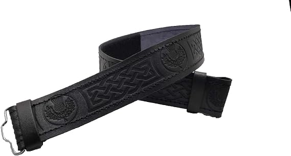 AAR Kilt Belt for Men Leather Black Thistle Embossed Design Scottish Highland S-2XL