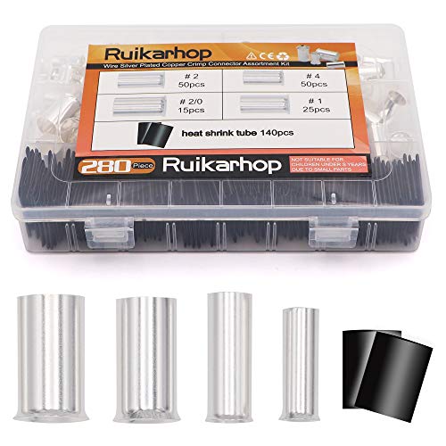 280PCS AWG 4 2 1 20 Wire Ferrule Silver Plated Copper Crimp Connector with Heat Shrink Tube