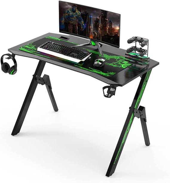 Bestier Gaming Desk with LED Light, Gaming Desk Computer Desk Cup Holder, Headset Hook with Solid Metal and Wood Computer Desk for Gaming and Office, Black-L 110CM vision