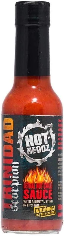 Hot-Headz! Trinidad Scorpion Lethal Hot Chilli Sauce. 57% Trinidad Scorpion Chilli Hot Sauce 800,000-2 Million Scoville Rating Chilli Pepper Sauce for Dips, Marinade, Seasoning & Cooking (148ml)