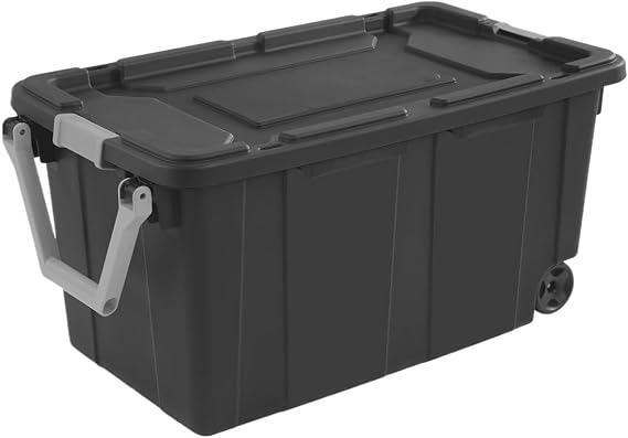 Heavy Duty Storage Container with Wheels, 40 Gallon Industrial Tote, Rugged Plastic Bin, Latch Lid, Strong Handles for Easy Transport