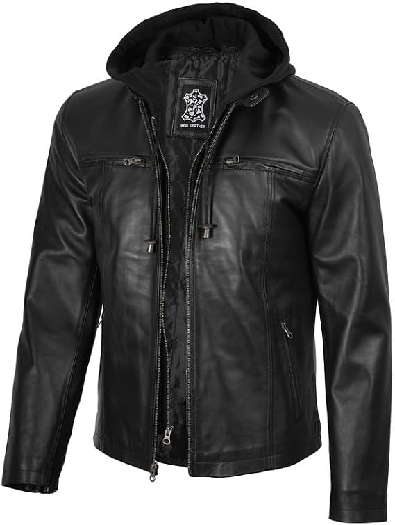Decrum Mens Real Lambskin Leather Jacket with Detachable Hood