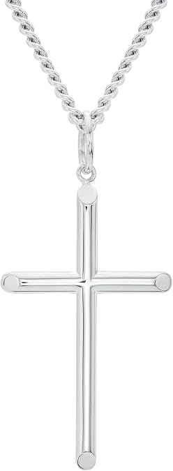 REEDS Men's Sterling Silver Cross Necklace, Polished Silver Cross Pendant, 24 Inch Stainless Steel Curb Chain For Men